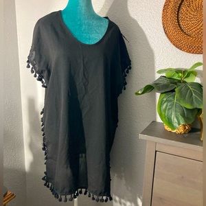 Yincia black, bathing suit, cover-up with pom-pom fringe detail size large